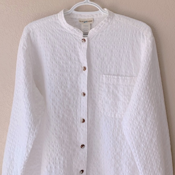 TravelSmith White Textured Cotton Button Down Resortwear Vacation Tunic Size L - Picture 3 of 7